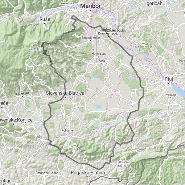 Miniatura della mappa di ispirazione al ciclismo "Giro in bicicletta da Pekre a Maribor" nella regione di Vzhodna Slovenija, Slovenia. Generata da Tarmacs.app, pianificatore di rotte ciclistiche