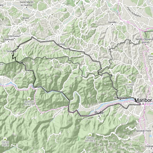 Map miniature of "Rolling Hills of Ruše" cycling inspiration in Vzhodna Slovenija, Slovenia. Generated by Tarmacs.app cycling route planner