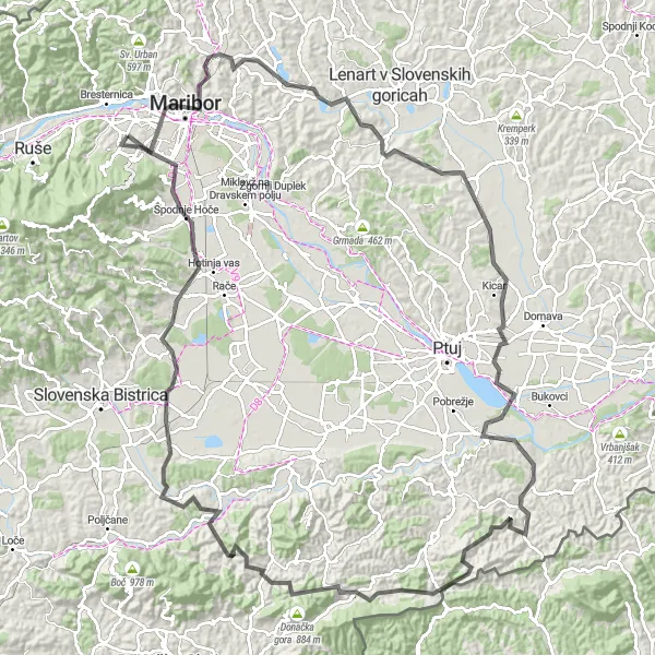 Miniatura della mappa di ispirazione al ciclismo "Giro su strada da Maribor a Pekre" nella regione di Vzhodna Slovenija, Slovenia. Generata da Tarmacs.app, pianificatore di rotte ciclistiche