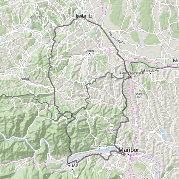 Map miniature of "Rural Delights" cycling inspiration in Vzhodna Slovenija, Slovenia. Generated by Tarmacs.app cycling route planner
