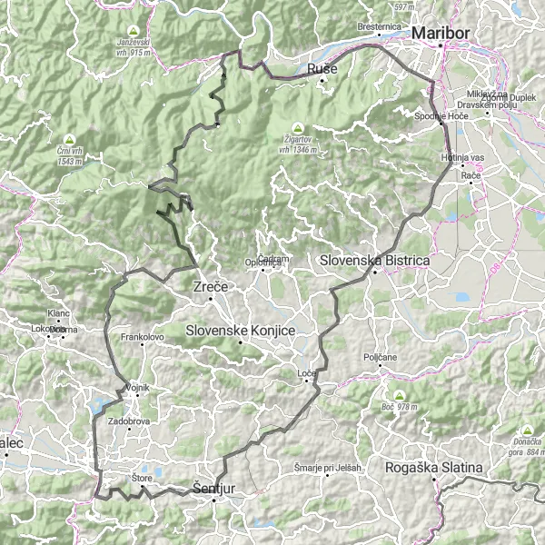Map miniature of "Ultimate Mountain Challenge" cycling inspiration in Vzhodna Slovenija, Slovenia. Generated by Tarmacs.app cycling route planner