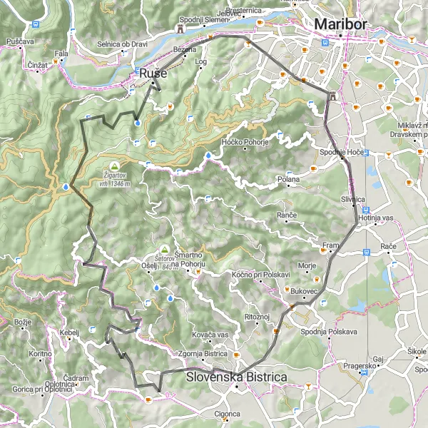 Miniatura della mappa di ispirazione al ciclismo "Tour in bicicletta tra colline e vigneti sloveni" nella regione di Vzhodna Slovenija, Slovenia. Generata da Tarmacs.app, pianificatore di rotte ciclistiche