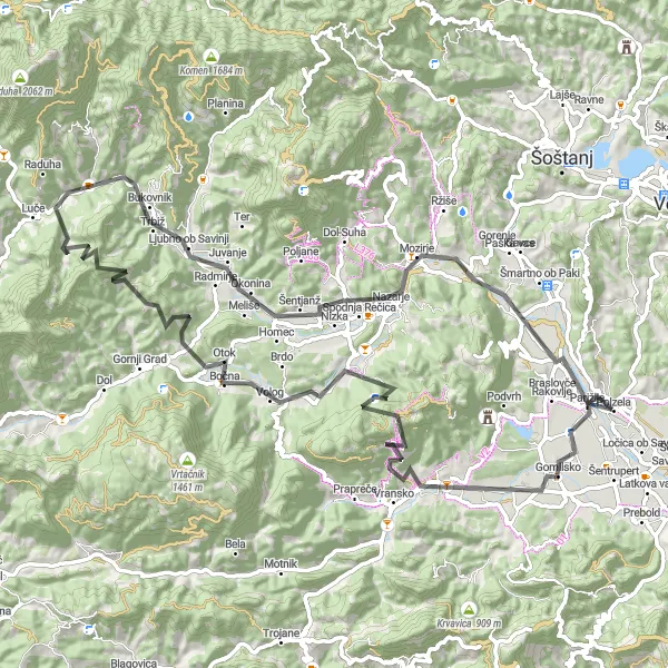 Miniatura della mappa di ispirazione al ciclismo "Giro Montagne Slovene" nella regione di Vzhodna Slovenija, Slovenia. Generata da Tarmacs.app, pianificatore di rotte ciclistiche