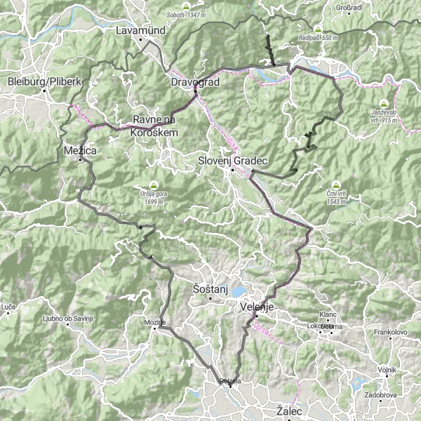 Map miniature of "Polzela - Mozirje Route" cycling inspiration in Vzhodna Slovenija, Slovenia. Generated by Tarmacs.app cycling route planner
