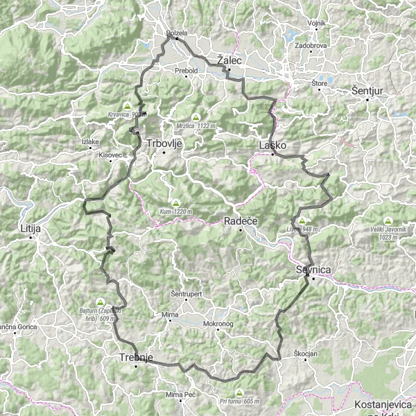 Map miniature of "Savinja Valley Road Cycling" cycling inspiration in Vzhodna Slovenija, Slovenia. Generated by Tarmacs.app cycling route planner