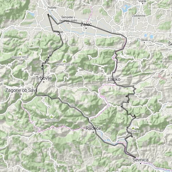 Miniatura della mappa di ispirazione al ciclismo "Tra città e natura incontaminata" nella regione di Vzhodna Slovenija, Slovenia. Generata da Tarmacs.app, pianificatore di rotte ciclistiche