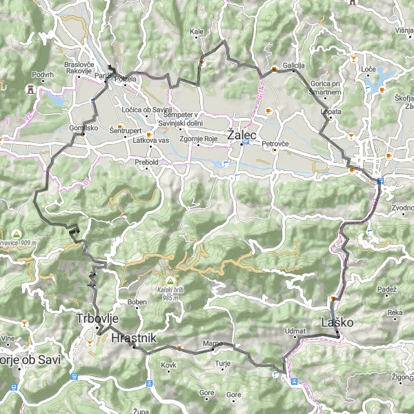 Map miniature of "The Polzela Loop" cycling inspiration in Vzhodna Slovenija, Slovenia. Generated by Tarmacs.app cycling route planner