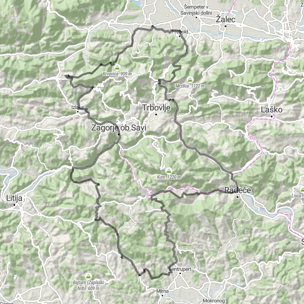 Map miniature of "Prebold Loop" cycling inspiration in Vzhodna Slovenija, Slovenia. Generated by Tarmacs.app cycling route planner