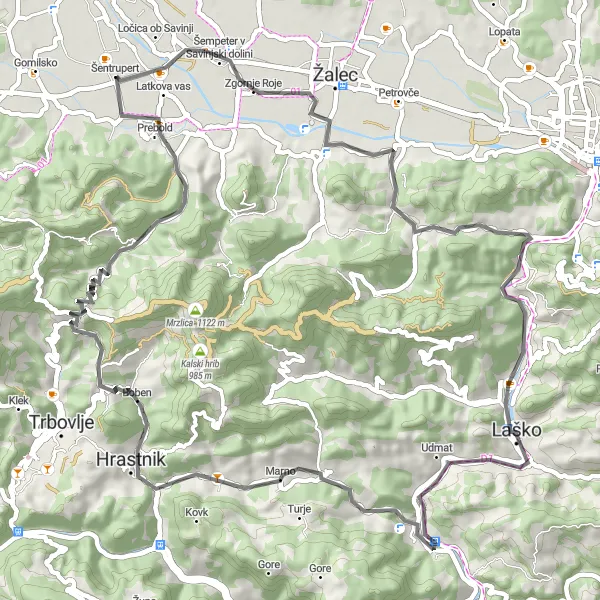 Map miniature of "Prebold and Rimske Toplice Circuit" cycling inspiration in Vzhodna Slovenija, Slovenia. Generated by Tarmacs.app cycling route planner