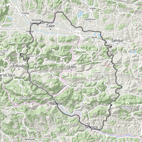 Zemljevid v pomanjšavi "Sevnica- Prebold kolesarska pot" kolesarske inspiracije v Vzhodna Slovenija, Slovenia. Generirano z načrtovalcem kolesarskih poti Tarmacs.app