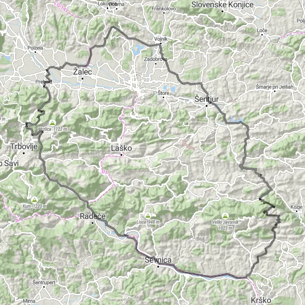 Miniaturní mapa "Prebold to Hrastnik Epic Ride" inspirace pro cyklisty v oblasti Vzhodna Slovenija, Slovenia. Vytvořeno pomocí plánovače tras Tarmacs.app