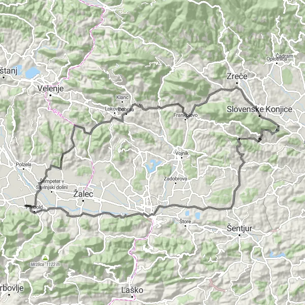 Map miniature of "The Prebold Challenge" cycling inspiration in Vzhodna Slovenija, Slovenia. Generated by Tarmacs.app cycling route planner