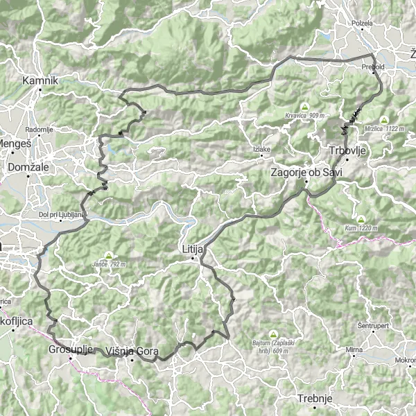 Map miniature of "Prebold Cycling Adventure" cycling inspiration in Vzhodna Slovenija, Slovenia. Generated by Tarmacs.app cycling route planner