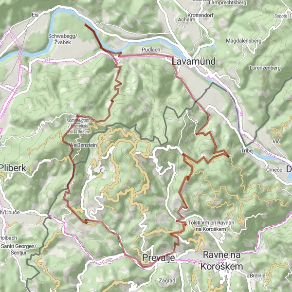 Zemljevid v pomanjšavi "Gorsko kolesarjenje okoli Prevalj" kolesarske inspiracije v Vzhodna Slovenija, Slovenia. Generirano z načrtovalcem kolesarskih poti Tarmacs.app