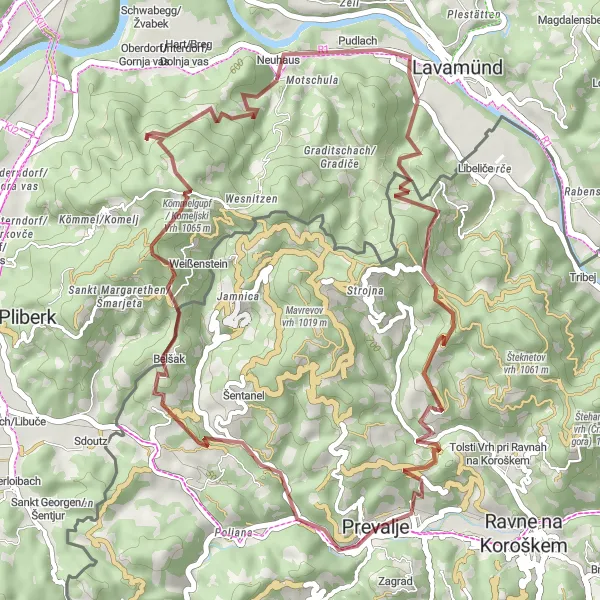 Map miniature of "Prevalje Gravel Experience" cycling inspiration in Vzhodna Slovenija, Slovenia. Generated by Tarmacs.app cycling route planner