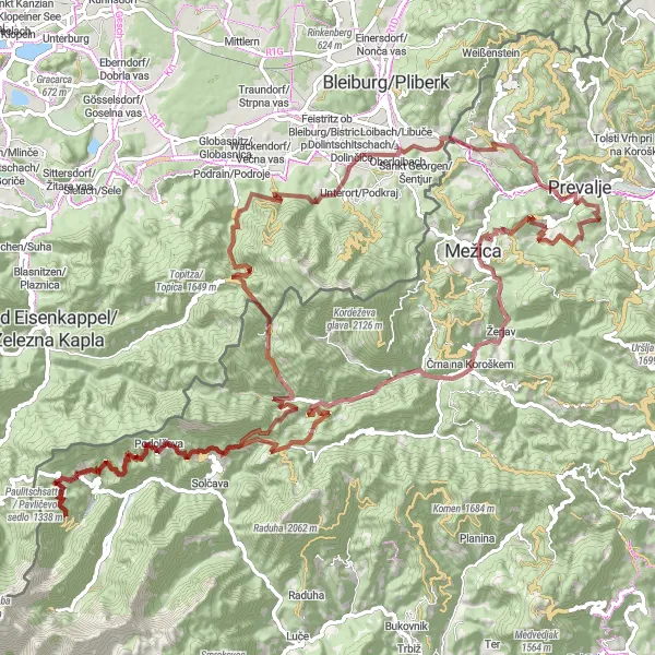 Map miniature of "Mountainous Gravel Adventure" cycling inspiration in Vzhodna Slovenija, Slovenia. Generated by Tarmacs.app cycling route planner