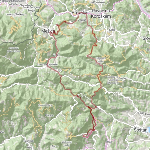Miniatura della mappa di ispirazione al ciclismo "Avventura Gravel tra le Montagne" nella regione di Vzhodna Slovenija, Slovenia. Generata da Tarmacs.app, pianificatore di rotte ciclistiche