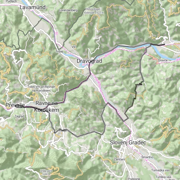 Map miniature of "Prevalje Circular Road Route" cycling inspiration in Vzhodna Slovenija, Slovenia. Generated by Tarmacs.app cycling route planner