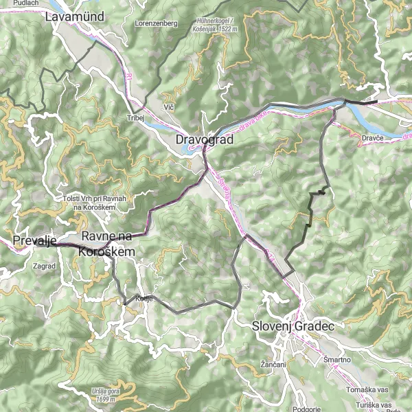 Miniatura della mappa di ispirazione al ciclismo "Esplorazione della Koroška in Bicicletta" nella regione di Vzhodna Slovenija, Slovenia. Generata da Tarmacs.app, pianificatore di rotte ciclistiche