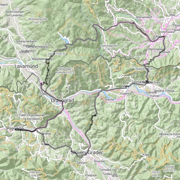 Miniatura della mappa di ispirazione al ciclismo "Giro delle Alpi Carniche" nella regione di Vzhodna Slovenija, Slovenia. Generata da Tarmacs.app, pianificatore di rotte ciclistiche