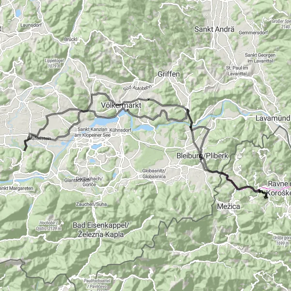 Map miniature of "Koroška Delight" cycling inspiration in Vzhodna Slovenija, Slovenia. Generated by Tarmacs.app cycling route planner