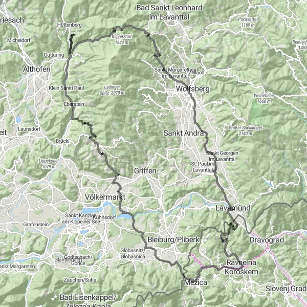 Map miniature of "Epic Road Cycling Tour from Prevalje" cycling inspiration in Vzhodna Slovenija, Slovenia. Generated by Tarmacs.app cycling route planner