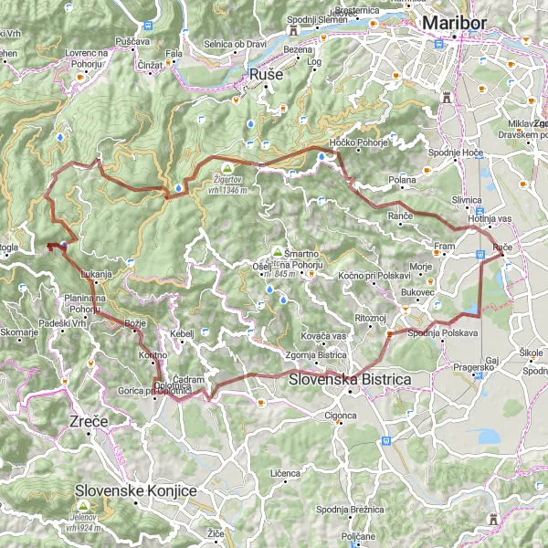 Miniatura della mappa di ispirazione al ciclismo "Gravel tour delle colline di Rače" nella regione di Vzhodna Slovenija, Slovenia. Generata da Tarmacs.app, pianificatore di rotte ciclistiche