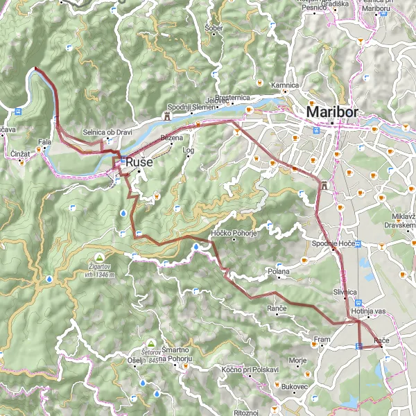 Miniatura della mappa di ispirazione al ciclismo "Avventura Gravel a Ruše e Selnica ob Dravi" nella regione di Vzhodna Slovenija, Slovenia. Generata da Tarmacs.app, pianificatore di rotte ciclistiche