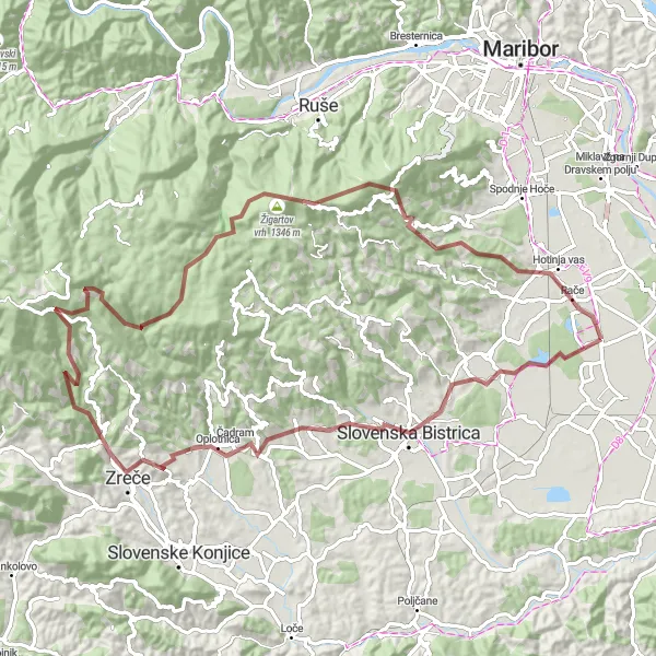 Miniatura della mappa di ispirazione al ciclismo "Sfida sulle colline di Rače" nella regione di Vzhodna Slovenija, Slovenia. Generata da Tarmacs.app, pianificatore di rotte ciclistiche