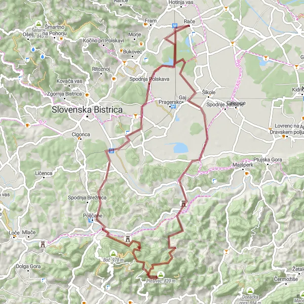 Miniatura della mappa di ispirazione al ciclismo "Giro di Boč in mountain bike" nella regione di Vzhodna Slovenija, Slovenia. Generata da Tarmacs.app, pianificatore di rotte ciclistiche