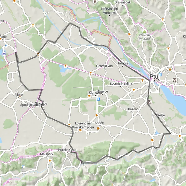 Map miniature of "Rače to Ptuj Loop" cycling inspiration in Vzhodna Slovenija, Slovenia. Generated by Tarmacs.app cycling route planner