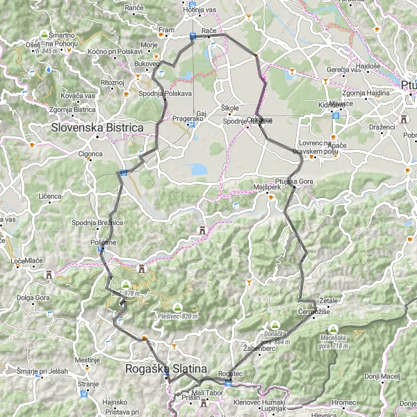 Miniatura della mappa di ispirazione al ciclismo "Tour Rače e Rogaška Slatina" nella regione di Vzhodna Slovenija, Slovenia. Generata da Tarmacs.app, pianificatore di rotte ciclistiche