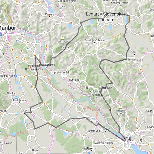 Map miniature of "Rače to Ptuj and Back" cycling inspiration in Vzhodna Slovenija, Slovenia. Generated by Tarmacs.app cycling route planner