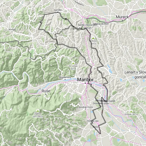 Map miniature of "The Hills and Vineyards of Rače" cycling inspiration in Vzhodna Slovenija, Slovenia. Generated by Tarmacs.app cycling route planner