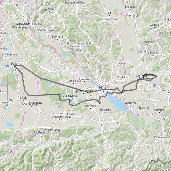 Miniatura della mappa di ispirazione al ciclismo "Passeggiata tra Kidričevo e Ptuj" nella regione di Vzhodna Slovenija, Slovenia. Generata da Tarmacs.app, pianificatore di rotte ciclistiche