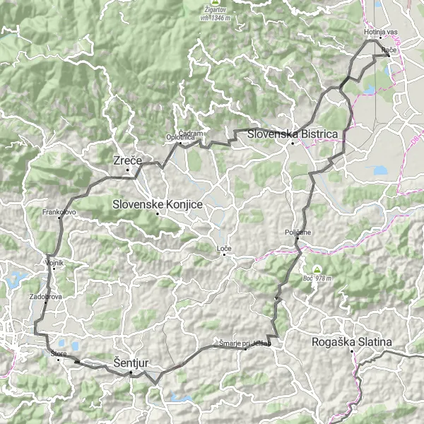 Map miniature of "Roads Less Traveled: Poljčane and Teharje" cycling inspiration in Vzhodna Slovenija, Slovenia. Generated by Tarmacs.app cycling route planner