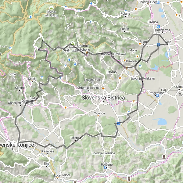 Miniatura della mappa di ispirazione al ciclismo "Itinerario stradale tra le colline di Rače" nella regione di Vzhodna Slovenija, Slovenia. Generata da Tarmacs.app, pianificatore di rotte ciclistiche