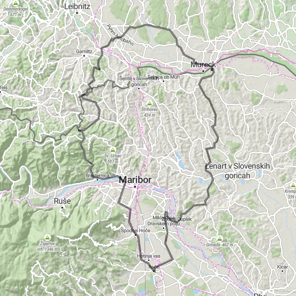Miniaturní mapa "Okolí Rače a Mureck" inspirace pro cyklisty v oblasti Vzhodna Slovenija, Slovenia. Vytvořeno pomocí plánovače tras Tarmacs.app