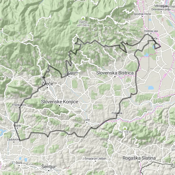 Karten-Miniaturansicht der Radinspiration "Herausfordernde Hügelroute um Rače" in Vzhodna Slovenija, Slovenia. Erstellt vom Tarmacs.app-Routenplaner für Radtouren