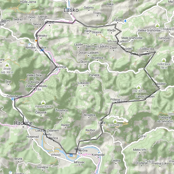 Map miniature of "Laško and Its Surroundings" cycling inspiration in Vzhodna Slovenija, Slovenia. Generated by Tarmacs.app cycling route planner
