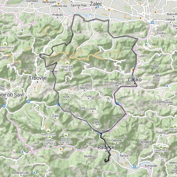 Map miniature of "The Delights of Zidani Most" cycling inspiration in Vzhodna Slovenija, Slovenia. Generated by Tarmacs.app cycling route planner