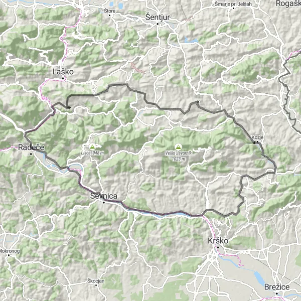 Miniaturní mapa "Významná cyklotrasa kolem Sevnice" inspirace pro cyklisty v oblasti Vzhodna Slovenija, Slovenia. Vytvořeno pomocí plánovače tras Tarmacs.app