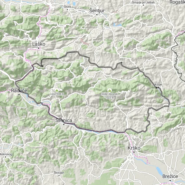 Zemljevid v pomanjšavi "Raziskovanje Sevnice in Kozjaka" kolesarske inspiracije v Vzhodna Slovenija, Slovenia. Generirano z načrtovalcem kolesarskih poti Tarmacs.app