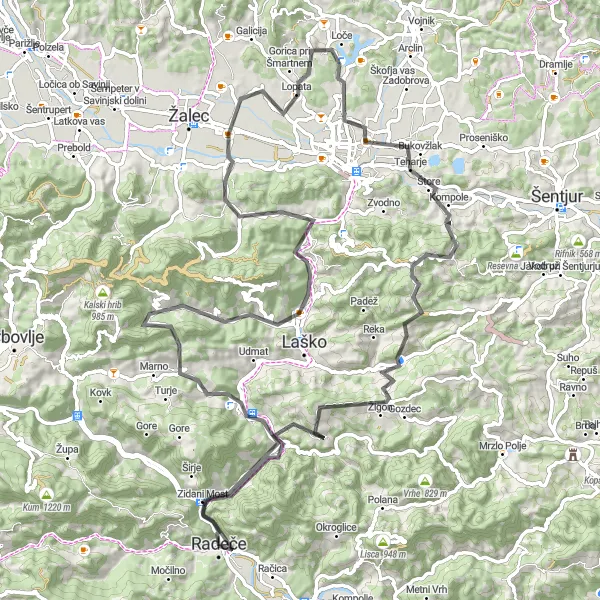 Map miniature of "The Challenge of Rimske Toplice" cycling inspiration in Vzhodna Slovenija, Slovenia. Generated by Tarmacs.app cycling route planner