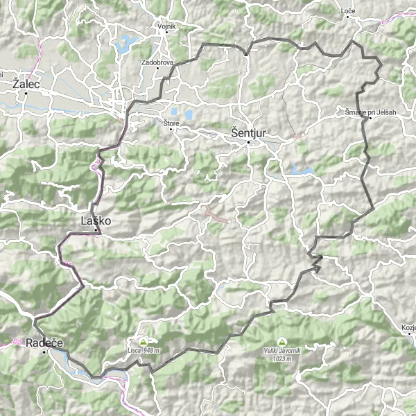 Map miniature of "The Mountain Challenge" cycling inspiration in Vzhodna Slovenija, Slovenia. Generated by Tarmacs.app cycling route planner