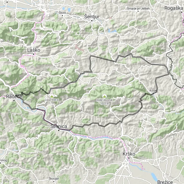 Map miniature of "The Scenic Loop of Radece" cycling inspiration in Vzhodna Slovenija, Slovenia. Generated by Tarmacs.app cycling route planner
