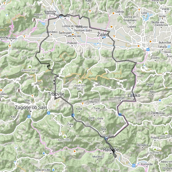 Map miniature of "Radeče Loop" cycling inspiration in Vzhodna Slovenija, Slovenia. Generated by Tarmacs.app cycling route planner
