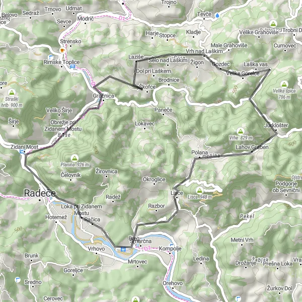 Map miniature of "Radeče Round Trip" cycling inspiration in Vzhodna Slovenija, Slovenia. Generated by Tarmacs.app cycling route planner