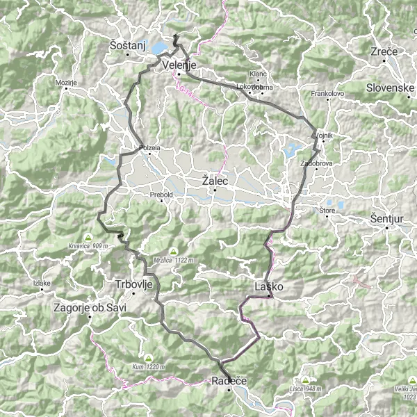 Map miniature of "The Hills and Valleys Tour" cycling inspiration in Vzhodna Slovenija, Slovenia. Generated by Tarmacs.app cycling route planner