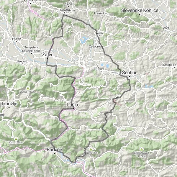 Map miniature of "Laško Loop" cycling inspiration in Vzhodna Slovenija, Slovenia. Generated by Tarmacs.app cycling route planner
